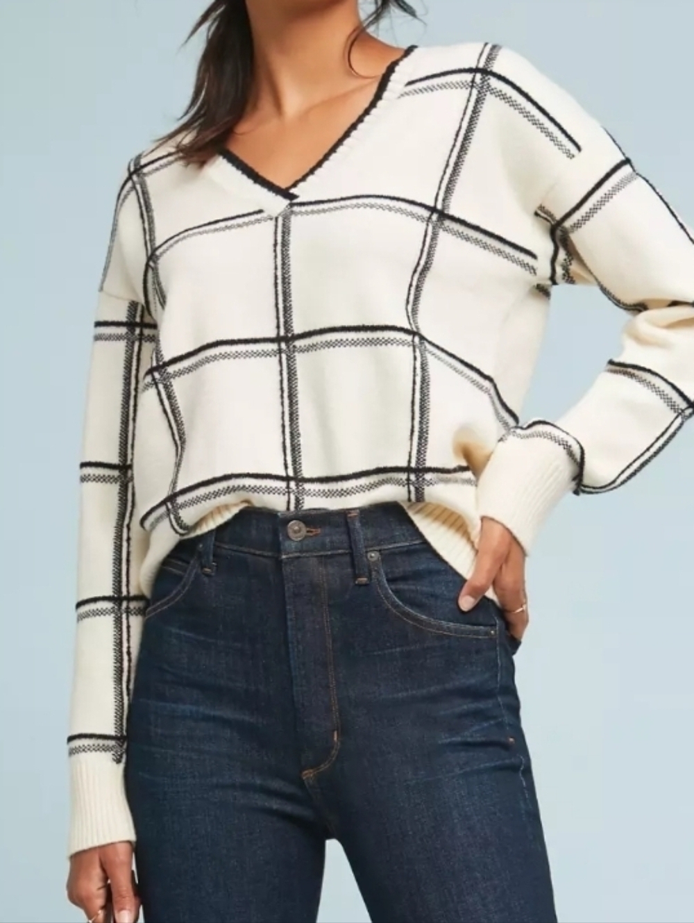 Anthropologie Moth White & Black Windowpane Checkered Knitted Sweater